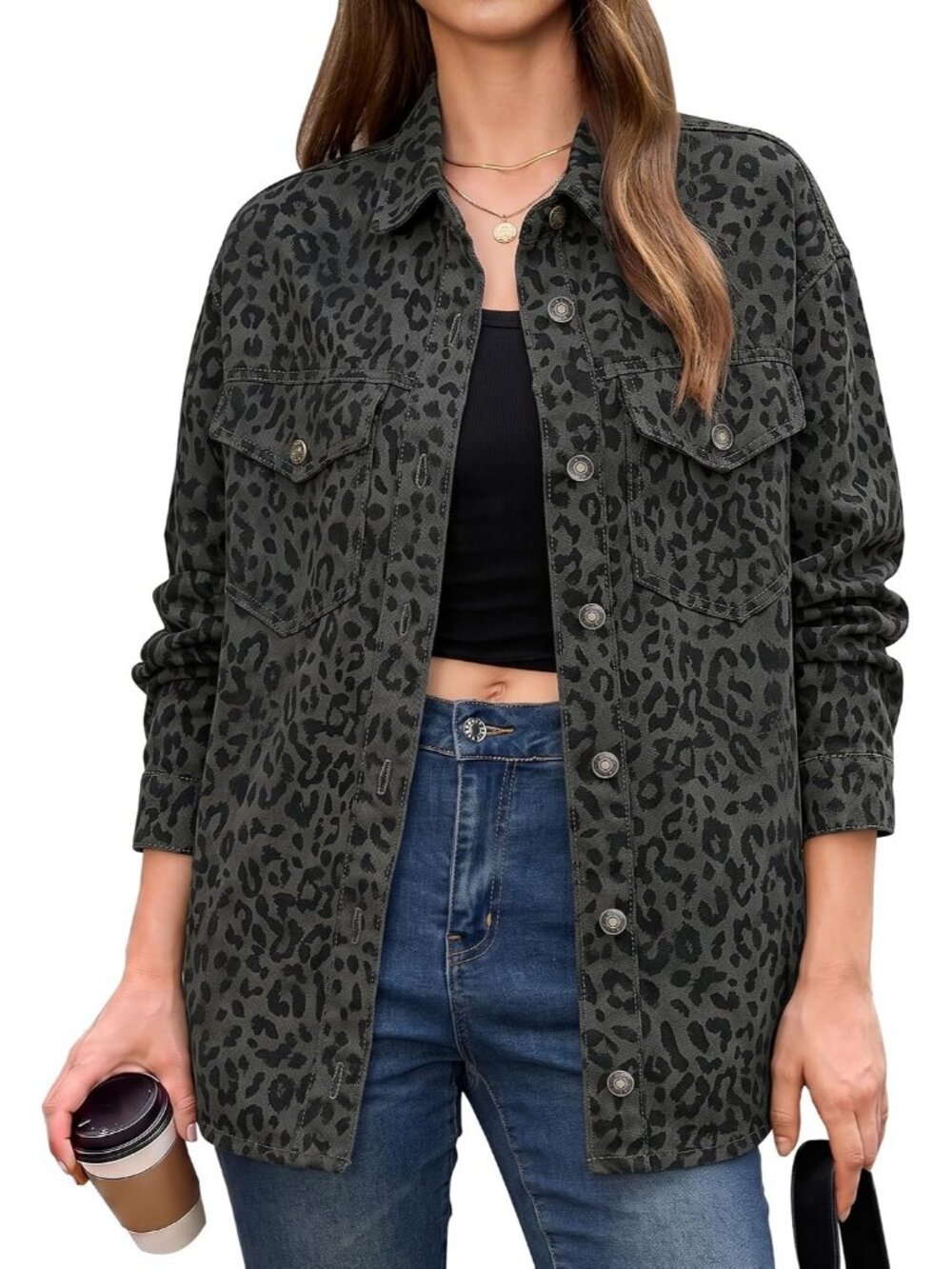 Women's Grey Leopard Cheetah Print Oversized Denim Jean Jacket Casual